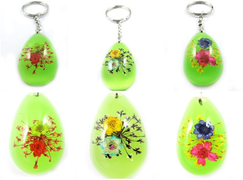 Wholesale Lot 6 Oval Shape Amber Real Flower Key Chain Keyring