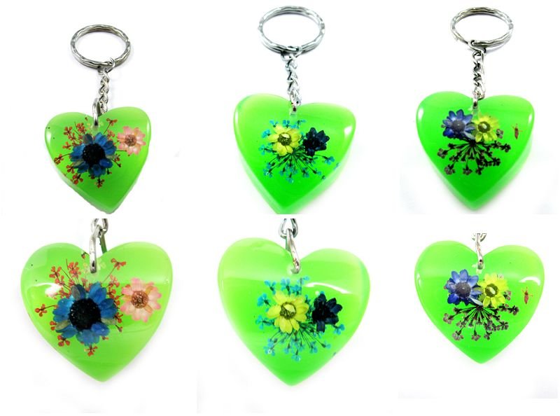 Wholesale Lot 6 Heart Shape Amber Real Flower Key Chain Keyring