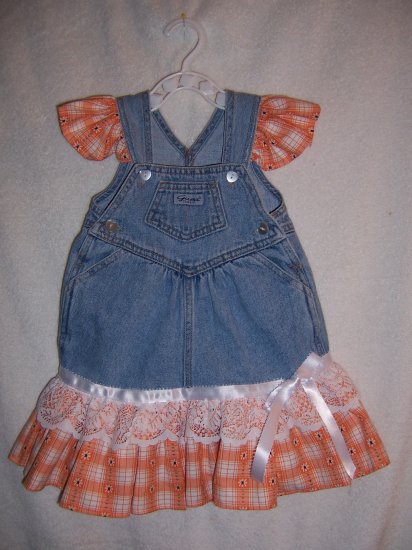 Orange and white jean sundress and bonnet size 12mo