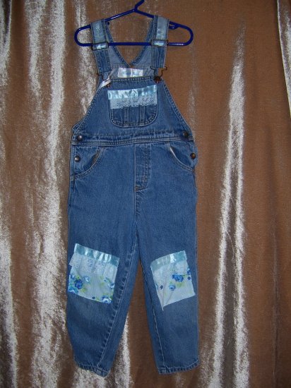 Blue and white ruffled overalls and baseball cap size 5