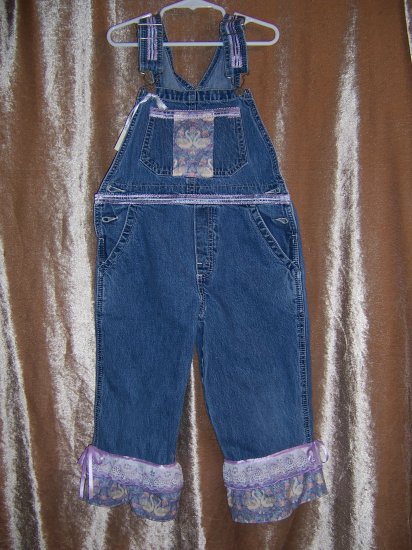 Purple ruffled overalls and baseball cap size 5