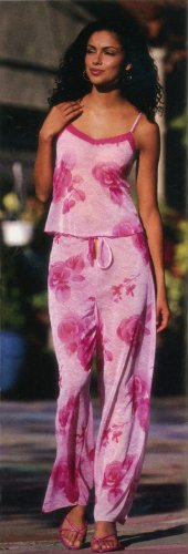 Floral Stretch Mesh Camisole with Matching Long Pajama Pants. Lettuce Edge Treatment.
