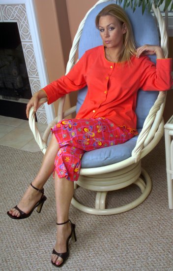 Button-Front PJ Top with Contrast Venise Edging. Matching Printed PJ Pants. 100-percent Cotton.