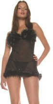 Sheer Mesh Babydoll with Marabou Trim and G-String