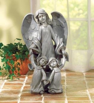 Angel with Two Kids Statue - sheltering angel and children