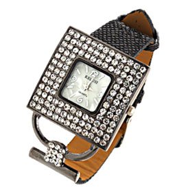 Fashion Jewelry Black Leather Band Ladies Rhinestone Watch