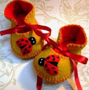 Antique Gold & Red Booties with Ladybirds, 0-3 months (RM 84)