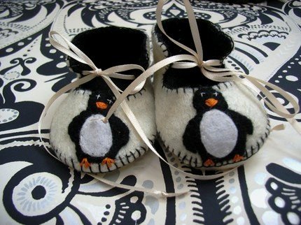Cream & Black Booties with Penguins, 3-6 months (RM 80)