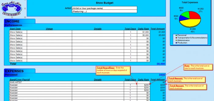 Live Show Budget Spreadsheet