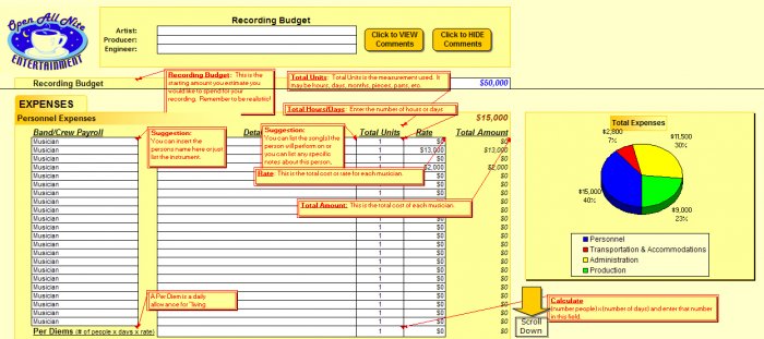 Studio Recording Budget Spreadsheet