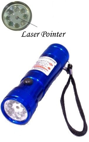 8 LED Blue Metal Flashlight - Red Dot Laser Pointer