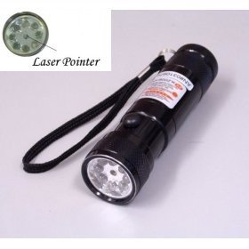 8 LED Black Metal Flashlight - Red Dot Laser Pointer