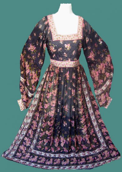 BOHO HIPPIE FLOWER POWER VINTAGE SILK CREPE PUFF SLEEVE DRESS
