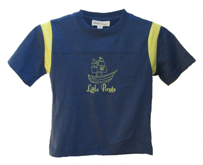 Little Pirate Jolly Roger Boat Navy/Yellow Mesh Shirt (2T, 4T and 6)