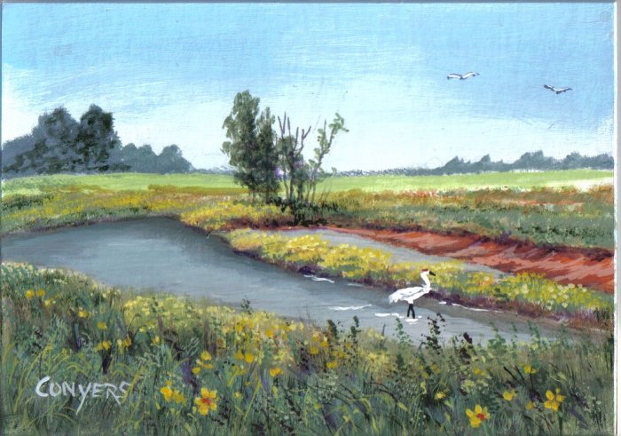 Farm Pond and Crane Painting