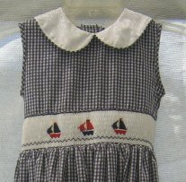 Girl’s Blue White Gingham Ruched Summer Dress – Embroidered Sailboats - Size 6X
