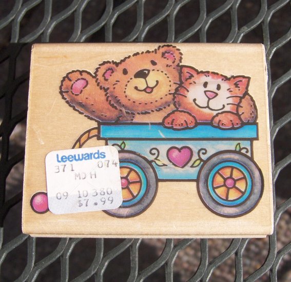 Rubber Stamp - Bear and Kitty Cat in Wagon - Rubber Stampede VINTAGE