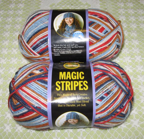 2 Skeins Lion Brand Magic Stripes "Denim Stripe" Yarn + Free Gift!