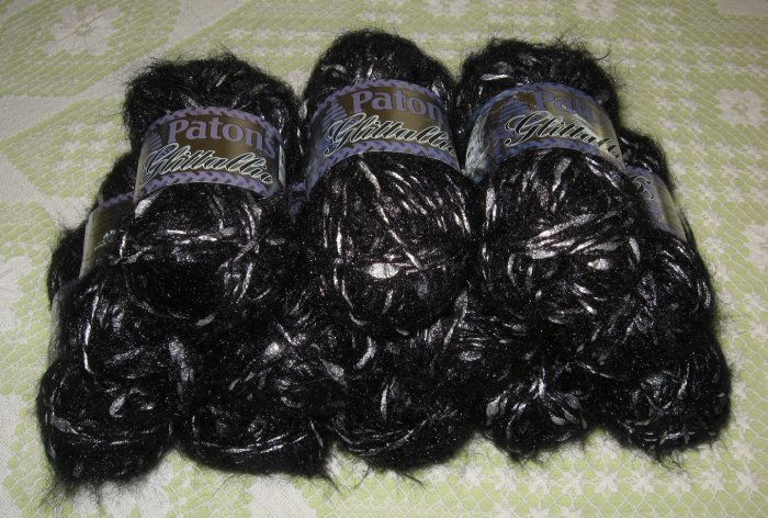 $80 Lot--12 Skeins Glittallic "Black Tinsel" Yarn + Free Gift!