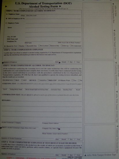 DOT 3 part Forms for Breath Testing