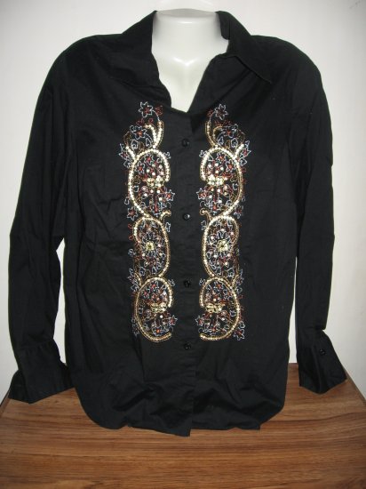 COLDWATER CREEK BLACK STRETCH EMBROIDERED SHIRT TOP M