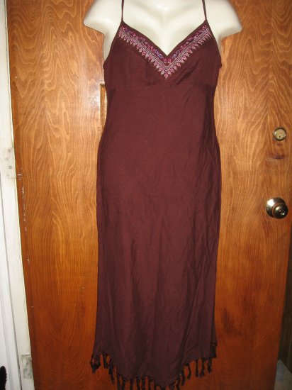 HENNA BURGANDY COTTON FLAX BEAD FRAY BOHO DRESS SZ S