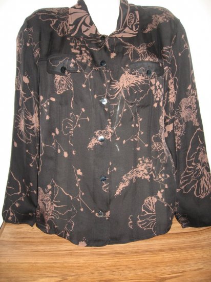CHICOS BLACK TAN SHEER SILK BUTTON BLOUSE SHIRT SZ 2