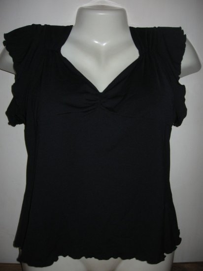 ODILLE BLACK RUFFLE SLEEVE ROUGHED PLUNGE TOP L GR8