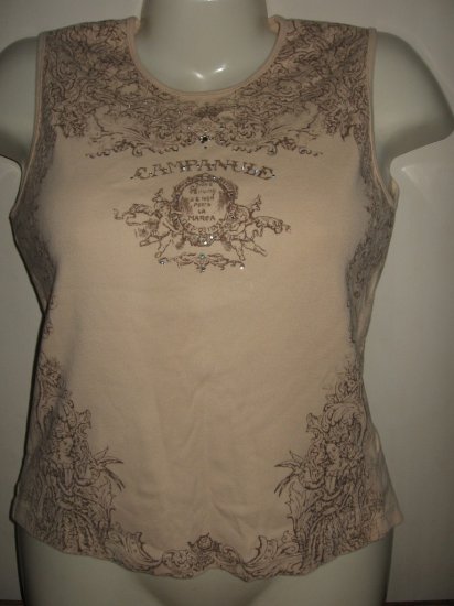 SKINNY MINNIE TAN VINTAGE PRINT RHINESTONE TANK SM/MED