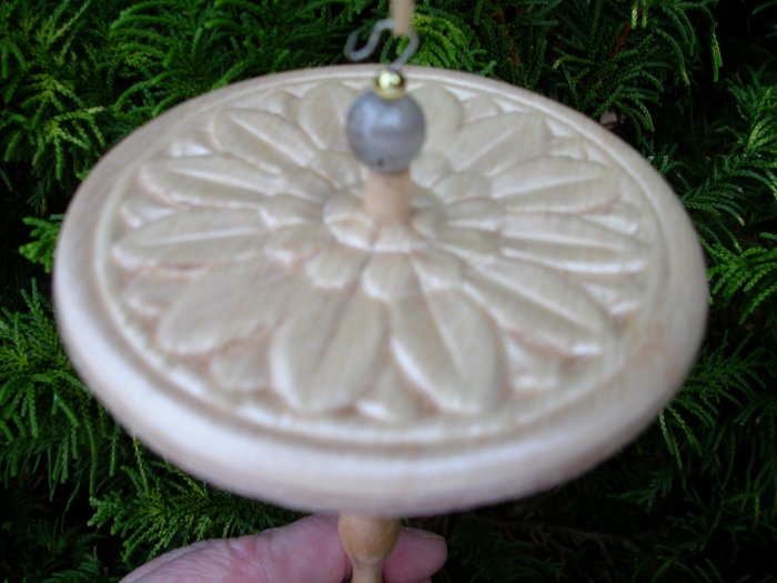 Handcarved and Handlathed Sun Flower TOP WHORL DROP SPINDLE