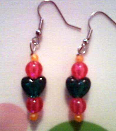 Transparent Green, Orange, and Pink Heart Earrings.