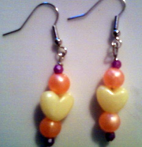Yellow, Orange, and Purple Heart Earrings.