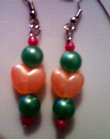 Orange, Green, and Pink Heart Earrings.