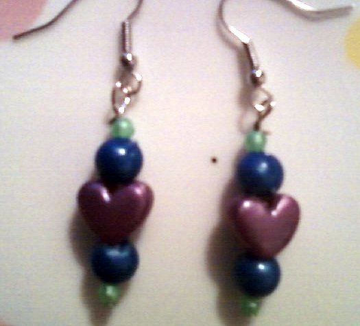 Purple, Green, and Blue Heart Earrings.
