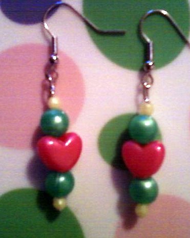 Pink, Green, and Yellow Heart Earrings.