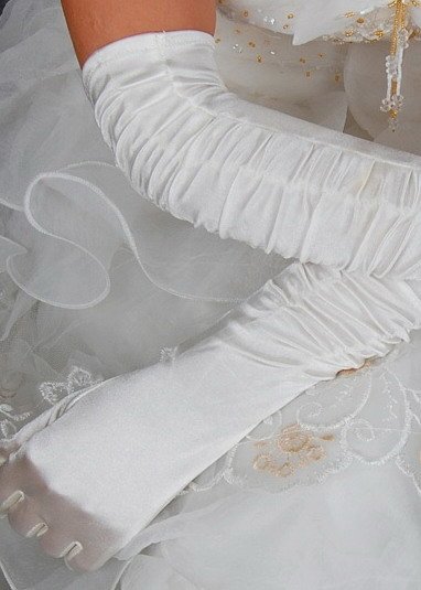 White Satin Stretch Gathered Ruched Opera Length Gloves