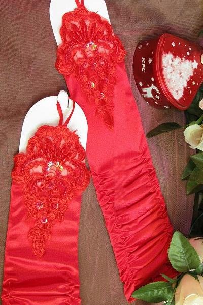 Red Beaded Lace Fingerless Satin Stretch Gathered Ruched Opera Length Gloves