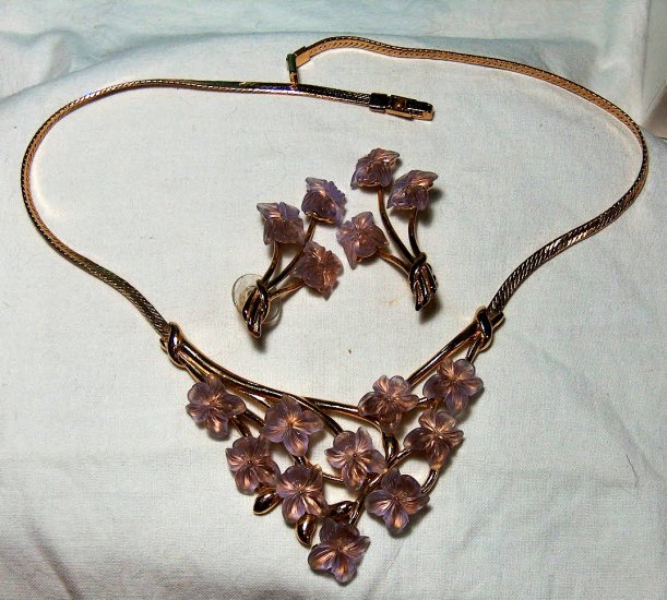 Crown Trifari Lucite Flower Necklace and Earrings