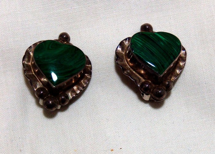 Vintage Sterling Silver/Malachite Heart Earrings