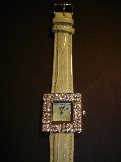 Green & Rhinestone Square Bling Watch
