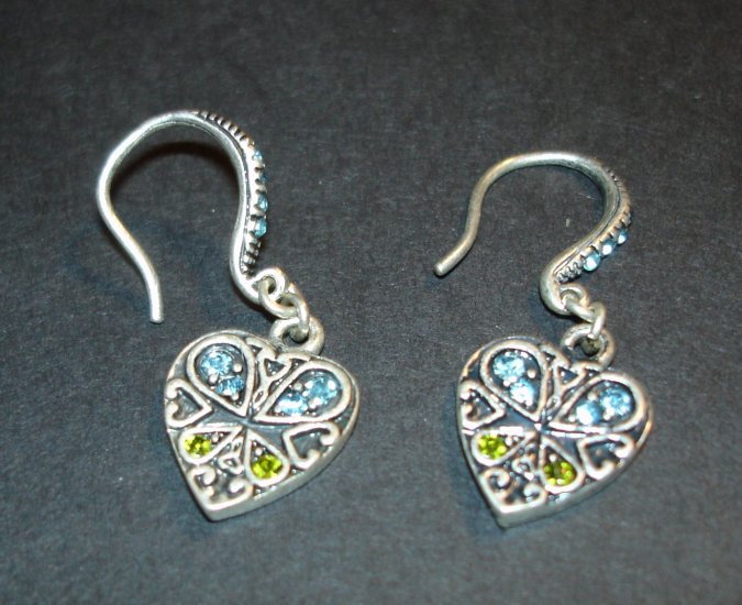 Silver Blue & Green Heart Earrings