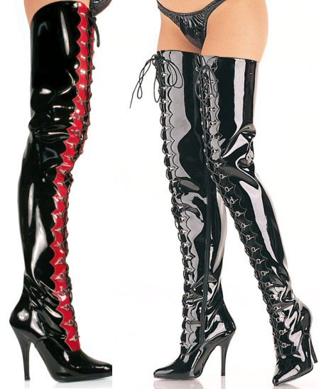 Seduce - Women's Thigh High Boots with Scalloped Trim and D-Ring Lace Up