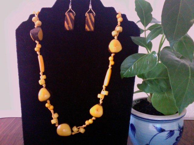Long Necklace & Earrings- Yellow & Coffee