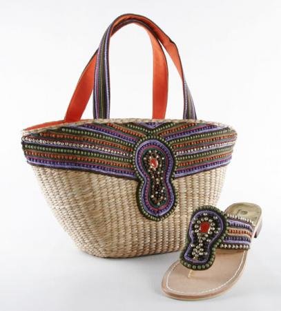 Marrakesh Basket - Straw Basket w/ Purple Beads