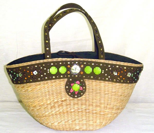 Encrusted - Straw Basket w/ Metal Studs, Wooden Beads and Natural Shells
