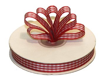3/8" White-Red Polyester Satin Gingham Ribbon - 25 yds