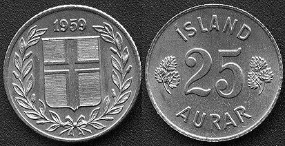 Iceland coins 25 aurar (Island geld), from 1958. Lots of 5