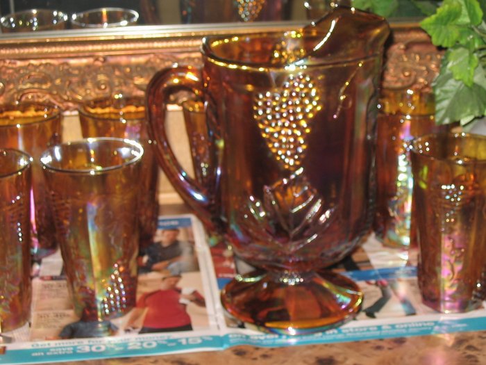 Indiana Carnival Glass Harvest Pitcher Set