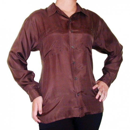 Women's Brown 100% Silk Blouse (L, Item# 209)