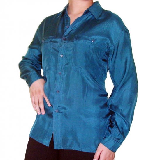 Women's Teal 100% Silk Blouse (S, Item# 210)